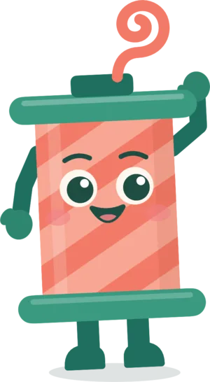 Sewzy, the thread spool mascot, waving