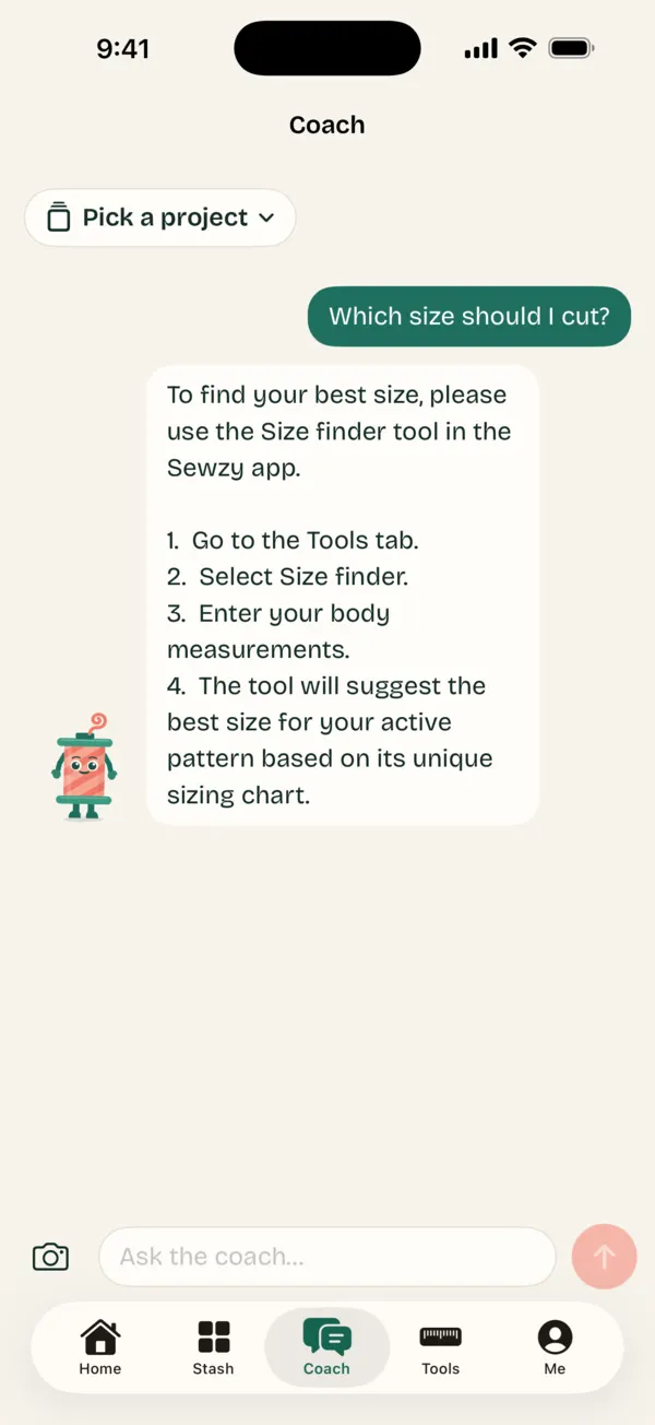 The Sewzy coach answering which size to cut