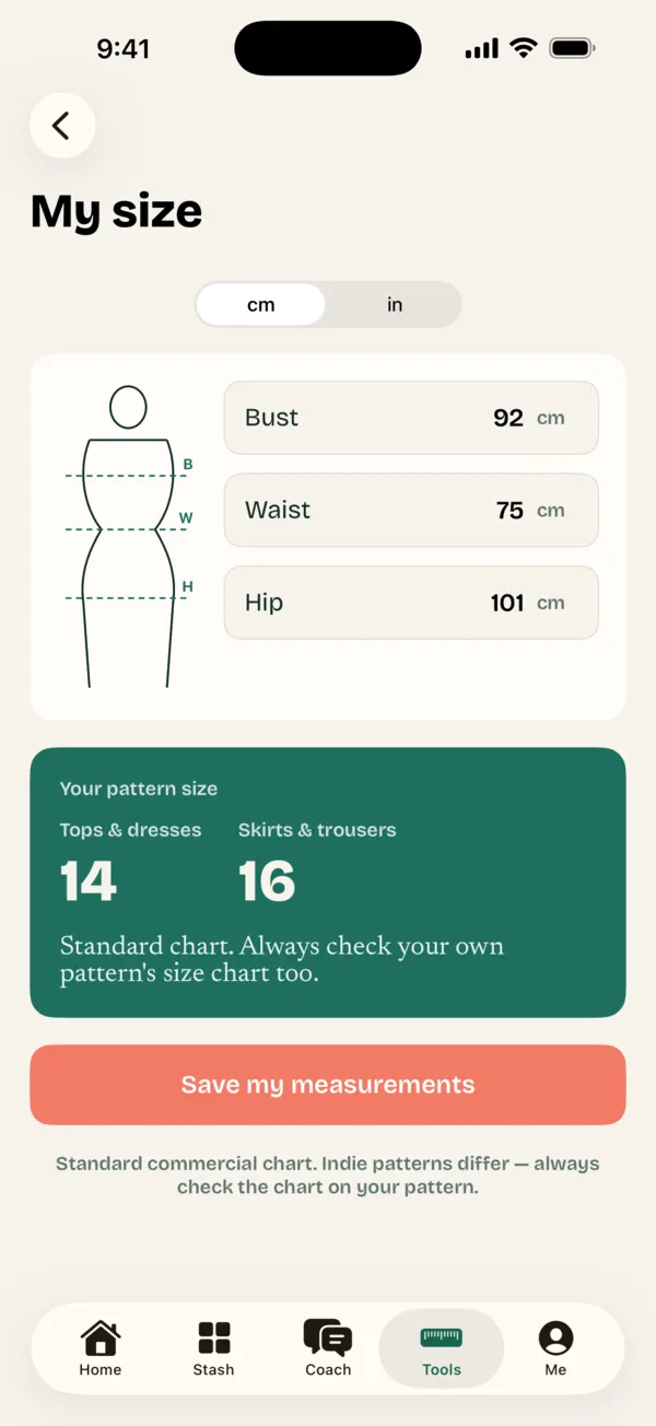 Sewzy size finder: bust 92, waist 75, hip 101 centimetres gives size 14 for tops and 16 for skirts